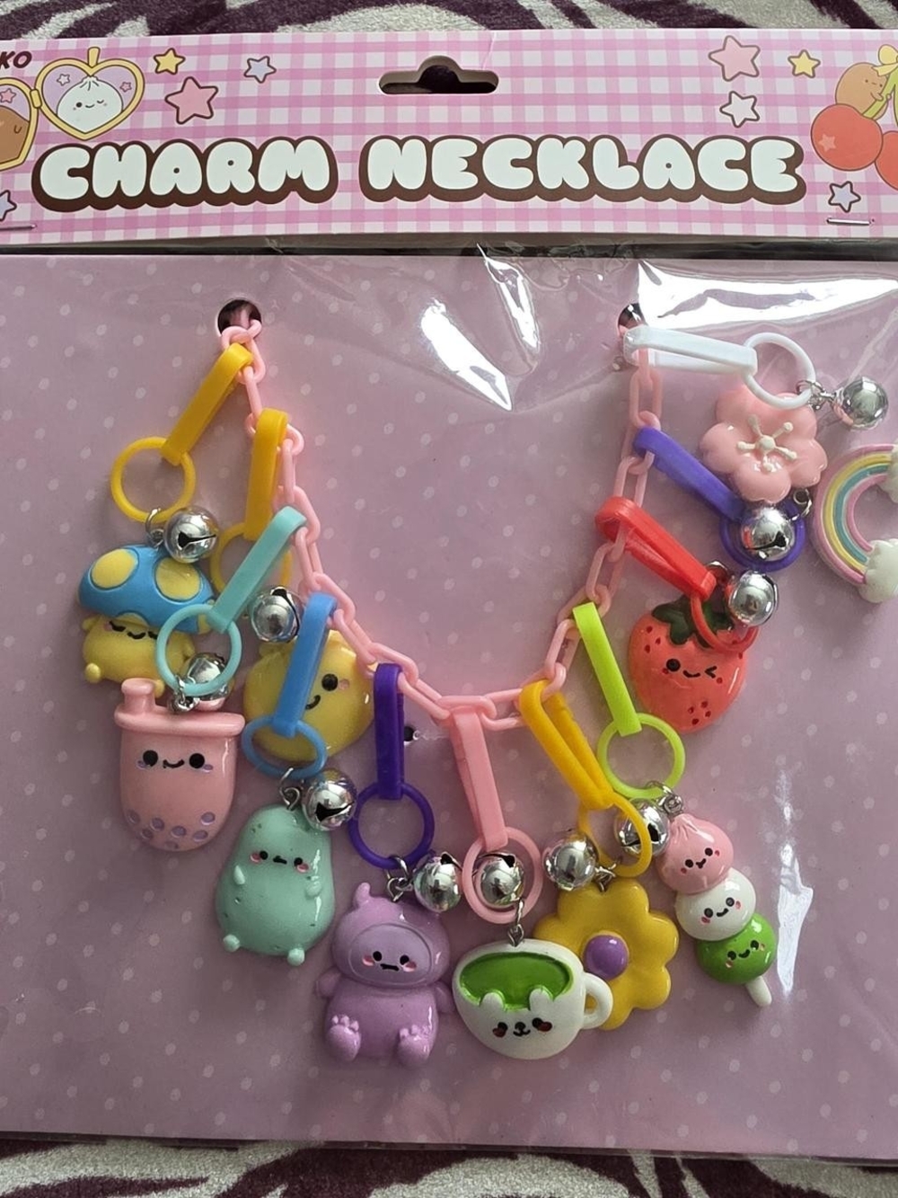 Cute Kawaii Multi-Color Charm Necklace for Kids - Pink Chain with Pastel Charms